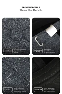 Detail of grey plaid baseball cap showing adjustable strap and stitching quality