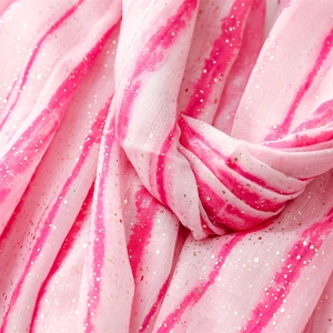 Macro shot of pink linen-touch fabric featuring gold sequins and subtle gradient stripes