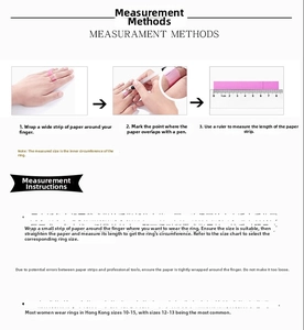 Detailed size guide showing measurement methods for ring circumference using a paper strip