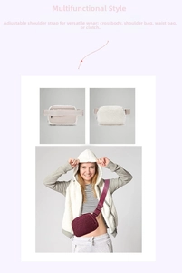 Detail showing plush fleece belt bag with adjustable strap for multiple wearing styles