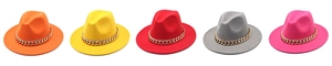 Collection of fedora hats in vibrant colors featuring decorative bold gold metal chains