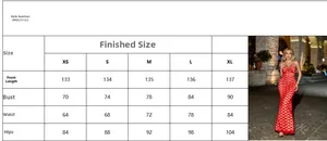 Size chart for the heart print fishtail maxi dress showing length and bust measurements