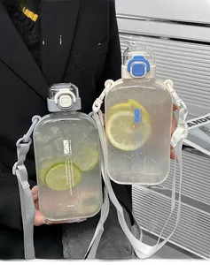 Detail showing flat square sport water bottle with adjustable strap and security lock cap