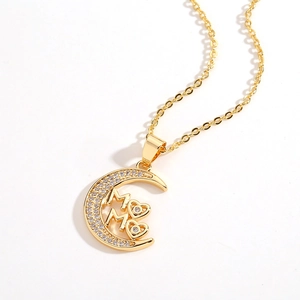 Elegant gold-tone crescent moon necklace for women with MOM lettering and heart crystals