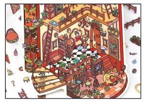 Detail of vintage room scene stickers featuring a red sofa and spiral staircase