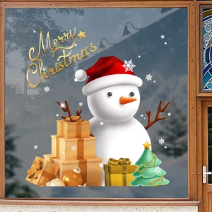 Christmas snowman window stickers with gift boxes and tree for holiday shop decoration