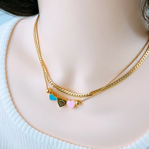 Double-layer gold titanium steel necklace with blue, pink and engraved heart pendants