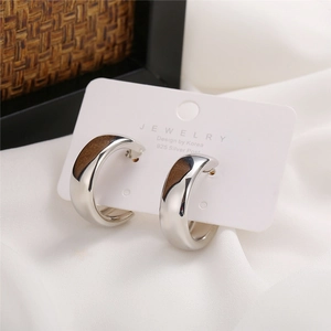 Minimalist silver C-shape geometric hoop earrings with wood grain inlay on 925 silver posts