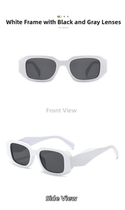 Detail view of white square sunglasses with thick geometric frames and dark gray lenses
