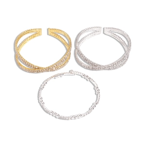 Luxury geometric crossover rhinestone bangles and beaded bracelet set in gold and silver