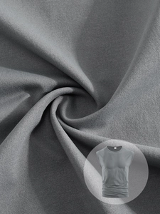 Detail view of grey knit fabric texture and drape on a men's sleeveless cotton T-shirt