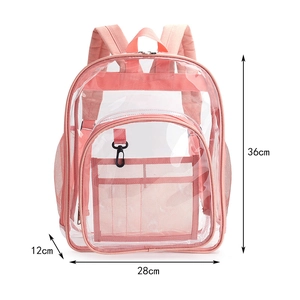 Detailed view of pink clear PVC backpack showing front zipper pocket and 36x28x12cm size