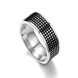 Retro titanium steel ring with black geometric grid pattern on polished silver band
