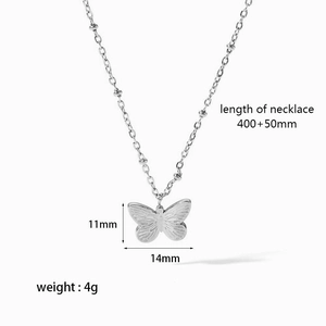 Detailed view of silver butterfly pendant with size specs and necklace dimensions