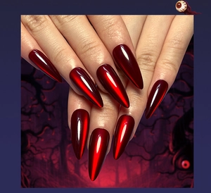 3D metallic deep red stiletto press-on nails with dark gothic Halloween spider design