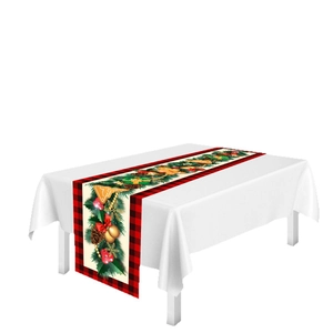 Christmas gingerbread table runner with pine cones and red black plaid patterns