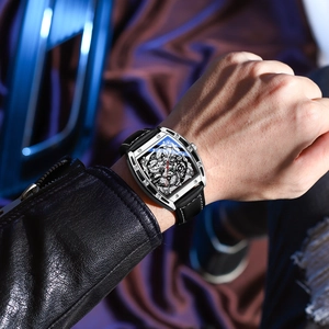 Luminous tonneau-shaped quartz watch for men with skeleton dial and black leather strap
