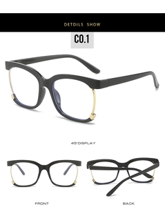 Detailed multi-angle views of square black and gold frame glasses with metal half-rim