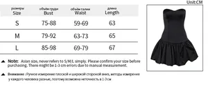 Detailed size guide table for women's strapless ruffled A-line dress with CM measurements