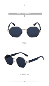 Front and side views of gold octagonal sunglasses with grey lenses and T-shaped hinge