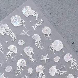 3D embossed ocean nail stickers featuring holographic jellyfish, starfish, and shells