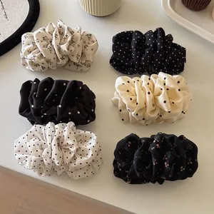 Set of six pleated polka dot and floral hair scrunchies in chiffon and satin fabric