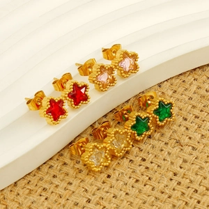 Star-shaped stainless steel stud earrings with colorful zircon stones and beaded edges