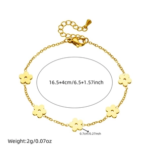 Gold-plated clover flower charm bracelet with O-chain design and size measurements