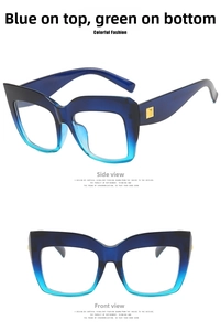 Detail of square cat-eye frame with blue and green gradient and gold stud accents