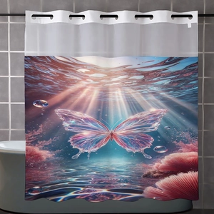 Detail of waterproof shower curtain with butterfly print and reinforced metal eyelets
