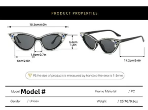 Detailed size chart for cat eye sunglasses with rhinestone chain and PC frame dimensions