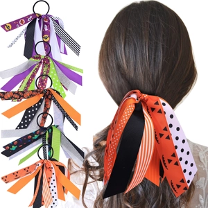 Kids Halloween Hair Ties Streamer Ribbon Bows Pumpkin Bat Ghost Patterned Elastic Ponytail Holders Girls Festival Accessories