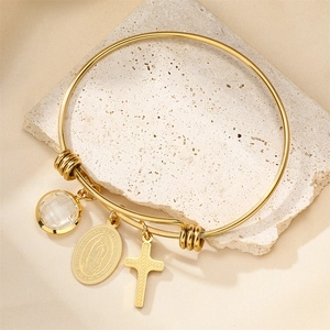 Gold stainless steel cross bangle with Virgin Mary medal and clear crystal pendant