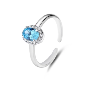 S925 sterling silver open ring with oval blue aquamarine zircon in a halo diamond setting