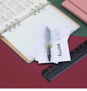 Detail of A6 clear frosted PVC binder pocket with 6-hole punch and slider zip closure