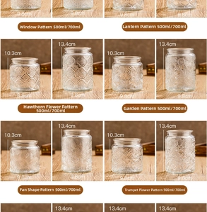 Size chart for embossed glass jars with bamboo lids in 500ml and 700ml capacities