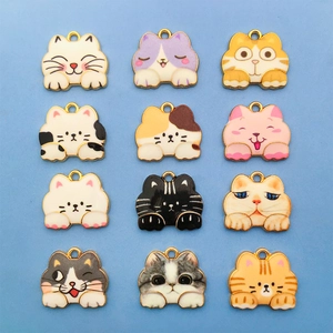 Twelve colorful cute enamel cat alloy pendants with gold trim for DIY jewelry making