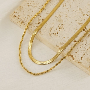 Layered 18k gold plated stainless steel snake chain and twisted rope necklace set