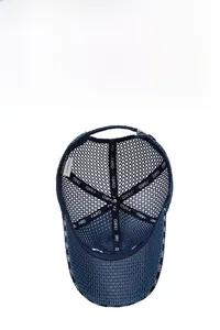 Detail view of breathable mesh baseball cap with adjustable metal buckle and inner lining