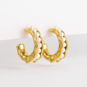 Boucles D'oreilles Créoles C Künstliche Perle Forme De Cosse Pois Métal Doré Style Minimaliste Avec Tige En Acier Inoxydable