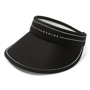 Women's black wide brim empty top sun hat with white decorative lines and ENJOY SUNSHINE text