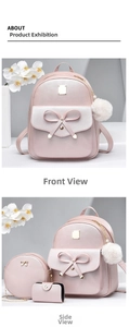Three-piece set featuring pink PU leather backpack with bow and plush pompom charm