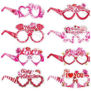 Valentine's Day Party Glasses Paper Photo Props Heart Rose Pattern Holiday Celebration Decoration Glasses For Couple Lovers