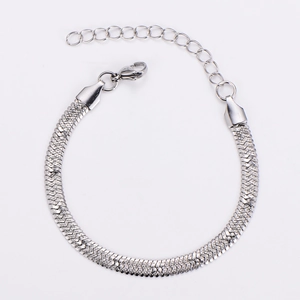 Detailed view of silver stainless steel flat snake chain with lobster clasp and extender