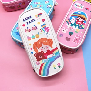 Detail of waterproof leather pencil cases with cute cartoon prints and metal zippers