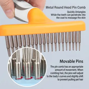 Dual-row pet rake brush with metal round-head pins for dog and cat grooming