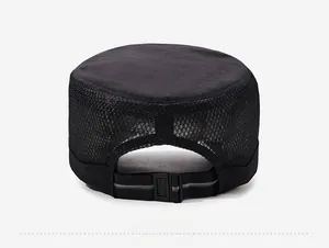 Detailed back view of a black quick-dry military cap showing mesh fabric and adjustable buckle