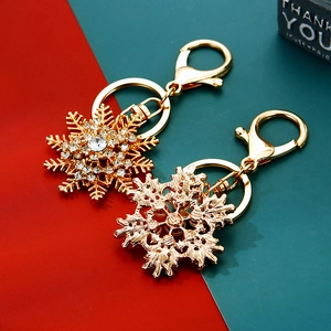 Detail of gold snowflake keychains with sparkling rhinestones and polished metal finish