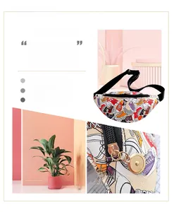 Detail of colorful sneaker print waist bag with gold circular zipper and nylon strap