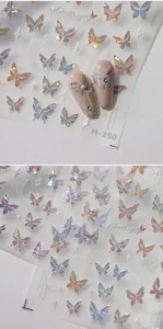 Macro view of M-250 iridescent butterfly nail stickers with laser sparkle effects